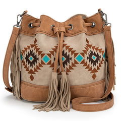Aztec Fringe Bucket Bag, Tan with Turquoise Embroidery