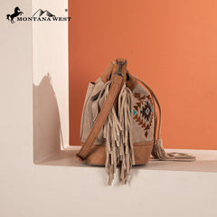 Aztec Fringe Bucket Bag, Tan with Turquoise Embroidery