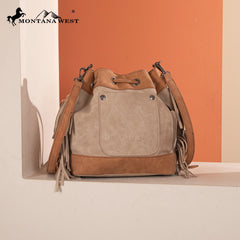 Aztec Fringe Bucket Bag, Tan with Turquoise Embroidery