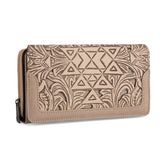 Aztec Tooled Leather Wallet with Ivory Inlay - Tan