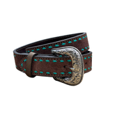 Ceinture FG Choco Cuir Renversé Buckstitch - Turquoise