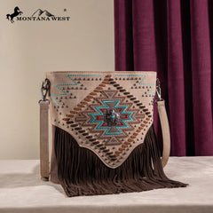 Fringe Crossbody Bag, Braided Brown & Cross Detail