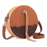 Round Purse, Camel Leather, Studded Accents & Floral Tooled