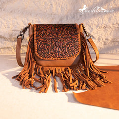 Vintage Floral Tooled Leather Crossbody with Fringe