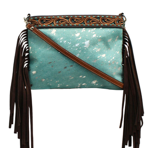Crossbody Purse Turquoise Cowhide with Fringe