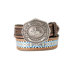 Kids Belt with Bull Riding Buckle Blue Woven Design