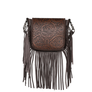 Crossbody Floral Tooled Purse with Fringe - Brown