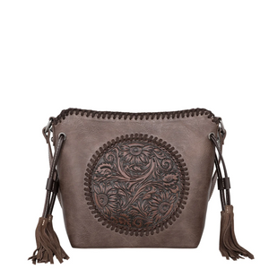 Crossbody Purse Round Patch Floral Tooled - Brown