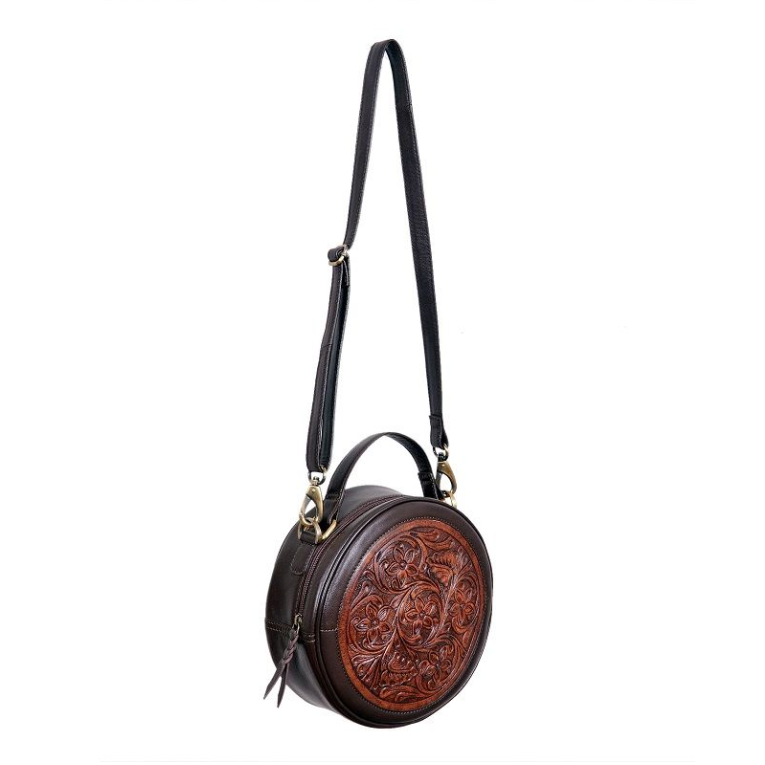 Crossbody Round Purse Floral Tooled