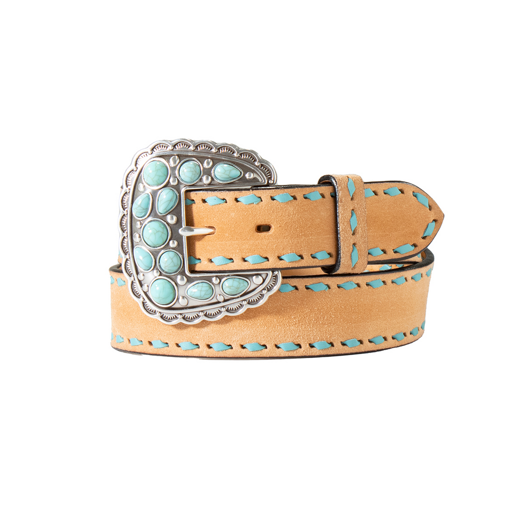 Ladies Roughout Belt with Turquoise Buckstitch