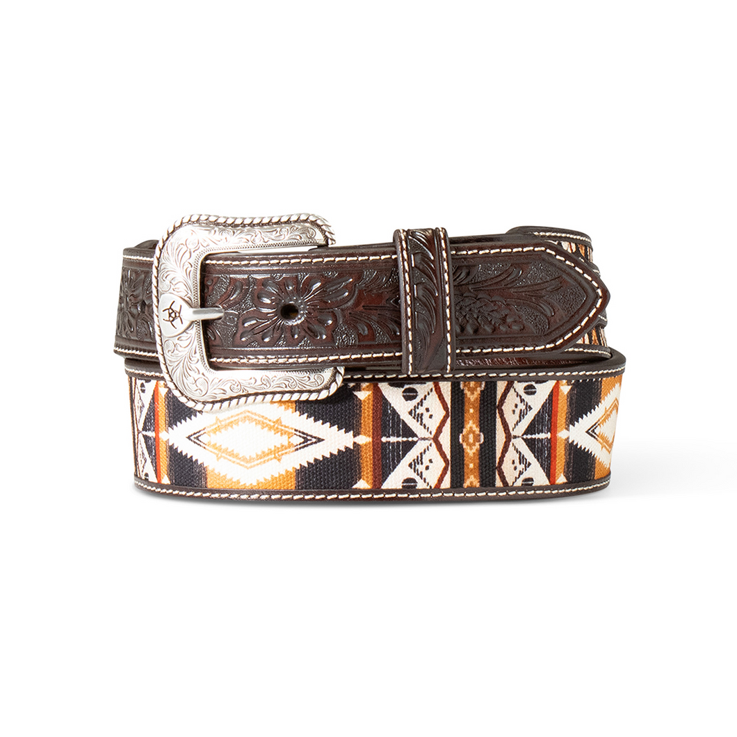 Mens Inlay Fabric Multi Floral Tooled Belt