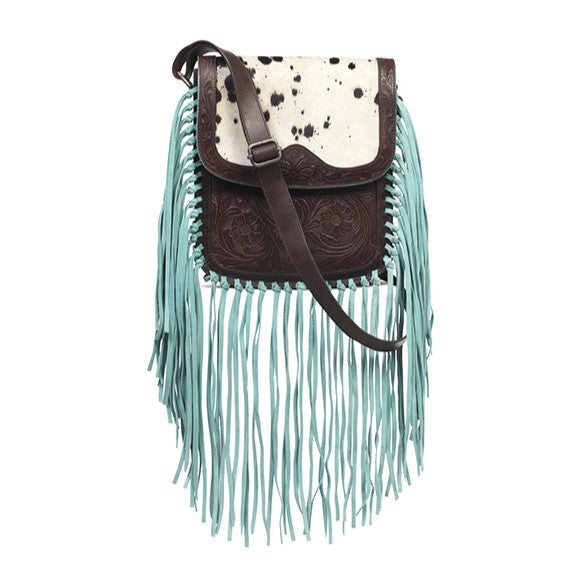 Sacoche Bandoulière Motif Vache avec Frange Turquoise