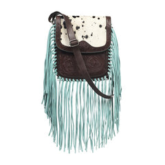 Sacoche Bandoulière Motif Vache avec Frange Turquoise