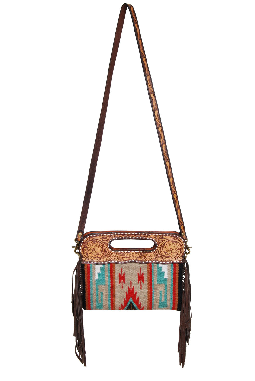 Clutch/Crossbody Woolen Bag Tan/Red/Tur with Fringe