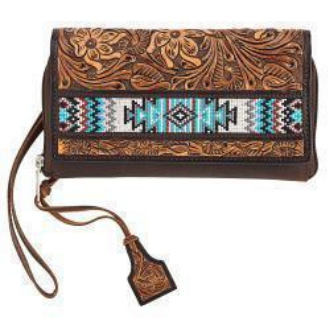 Floral tooled Wallet with Turquoise Beads