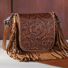 Sacoche Bandouiliere à Frange Motif Fleural Brun Tan