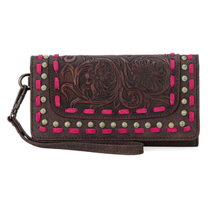 Floral Tooled Wallet with Pink Buckstitch