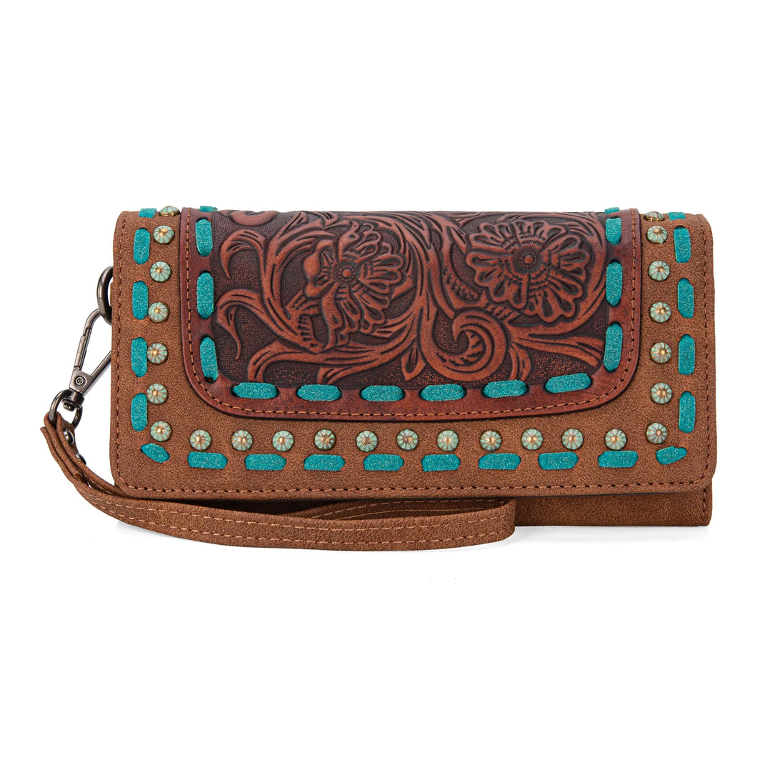 Floral Tooled Wallet with Turquoise Buckstitch