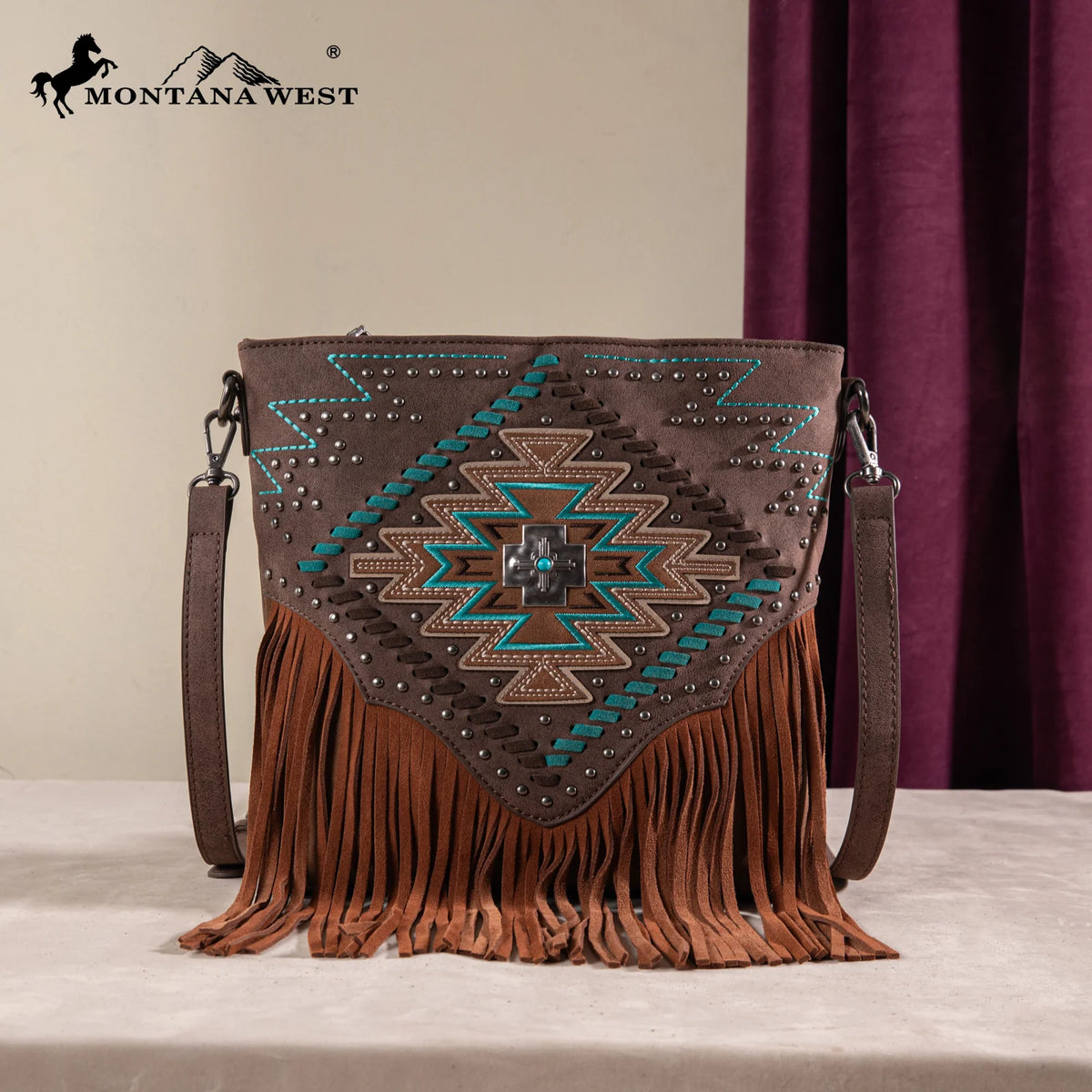 Sacoche à Frange, Tressage Turquoise & Concho Croix