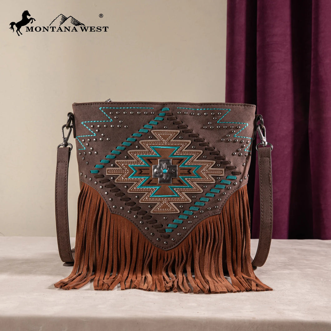 Fringe Crossbody Bag, Braided Turquoise & Cross Detail