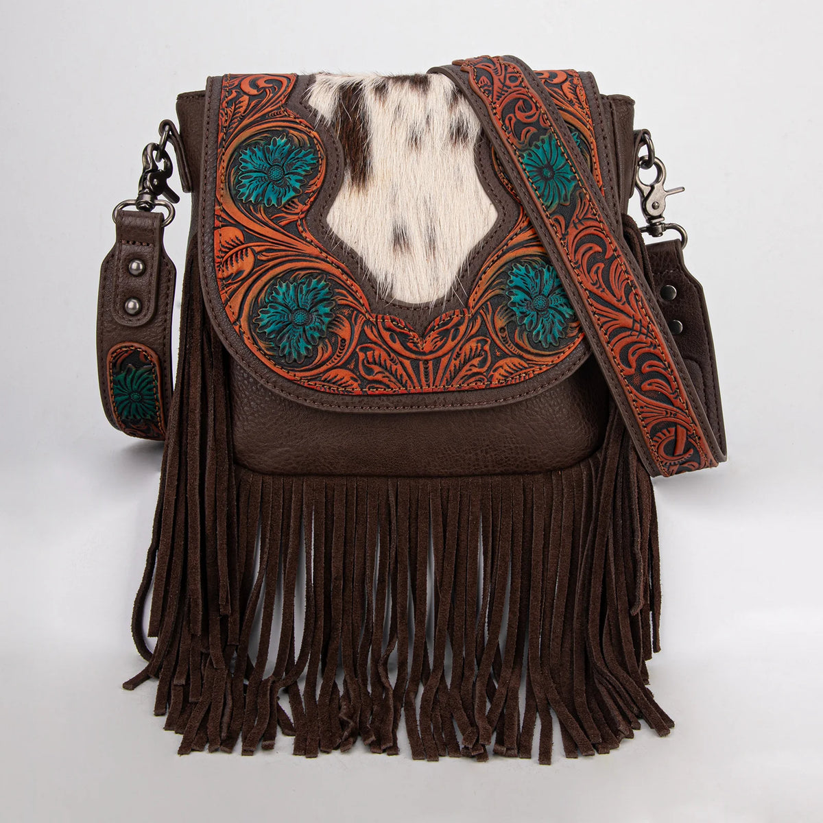 Sacoche à Frange, Cuir Gravé Turquoise & Peau de Vache