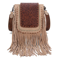 Sacoche Tan à Frange, Cuir gravé & Détails Buckstitch