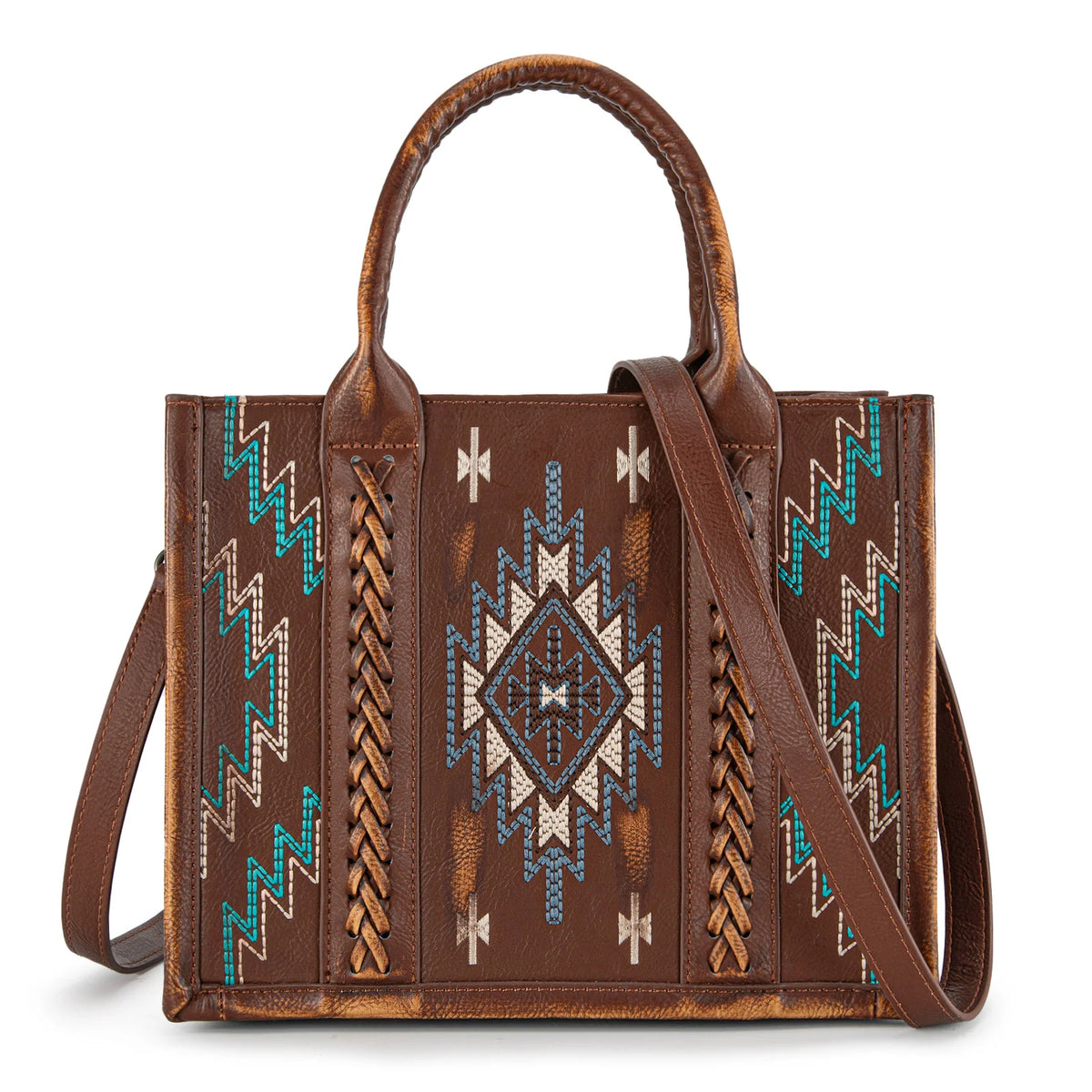 Sacoche Cabas en Cuir - Broderie Aztèque Bleus