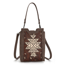 Load image into Gallery viewer, Mini Tooled Leather Bag - Brown with Tan Aztec Design
