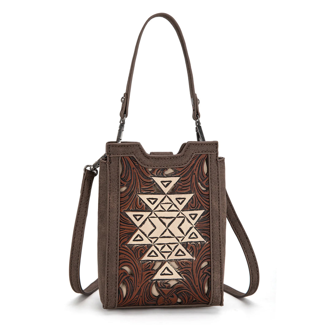 Mini Tooled Leather Bag - Brown with Tan Aztec Design