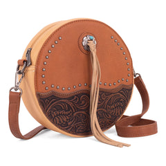 Sacoche Ronde - Cuir Camel, Détails Cloutés & Gravure Florale