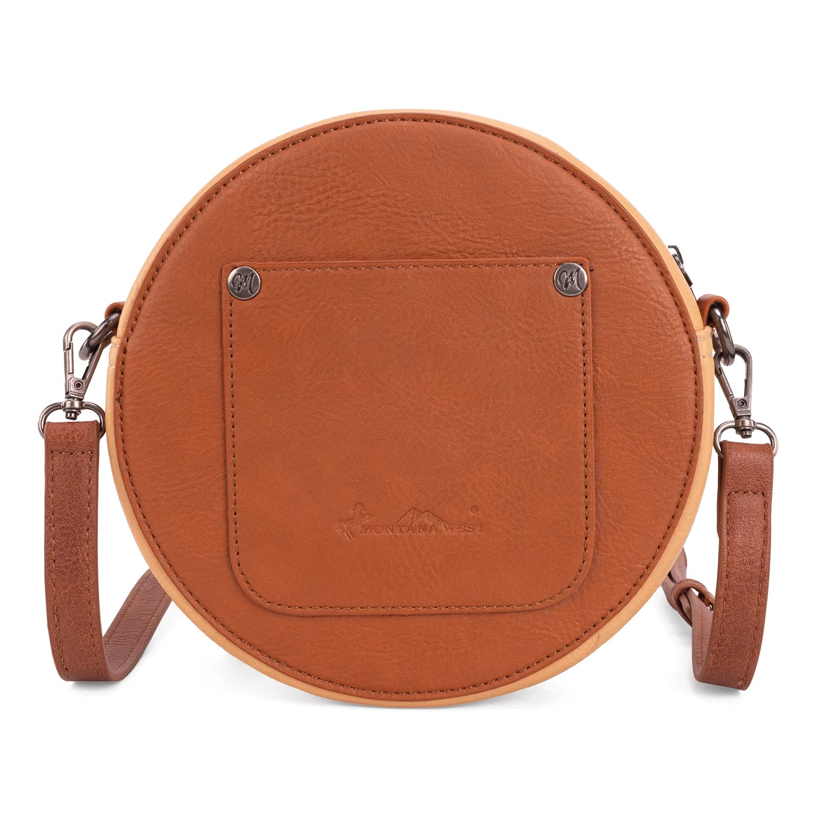 Sacoche Ronde - Cuir Camel, Détails Cloutés & Gravure Florale