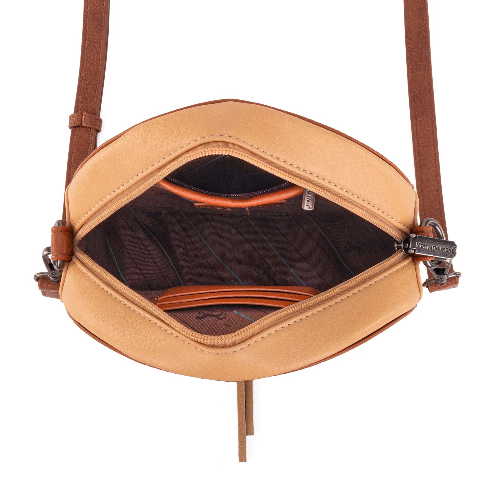 Sacoche Ronde - Cuir Camel, Détails Cloutés & Gravure Florale