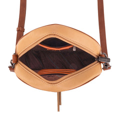 Sacoche Ronde - Cuir Camel, Détails Cloutés & Gravure Florale