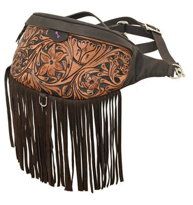 Sling Bag 2 Tone Floral Tooled Leather with Fringe