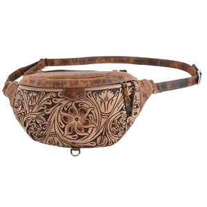 Sling Bag Floral Tooled Leather - Tan