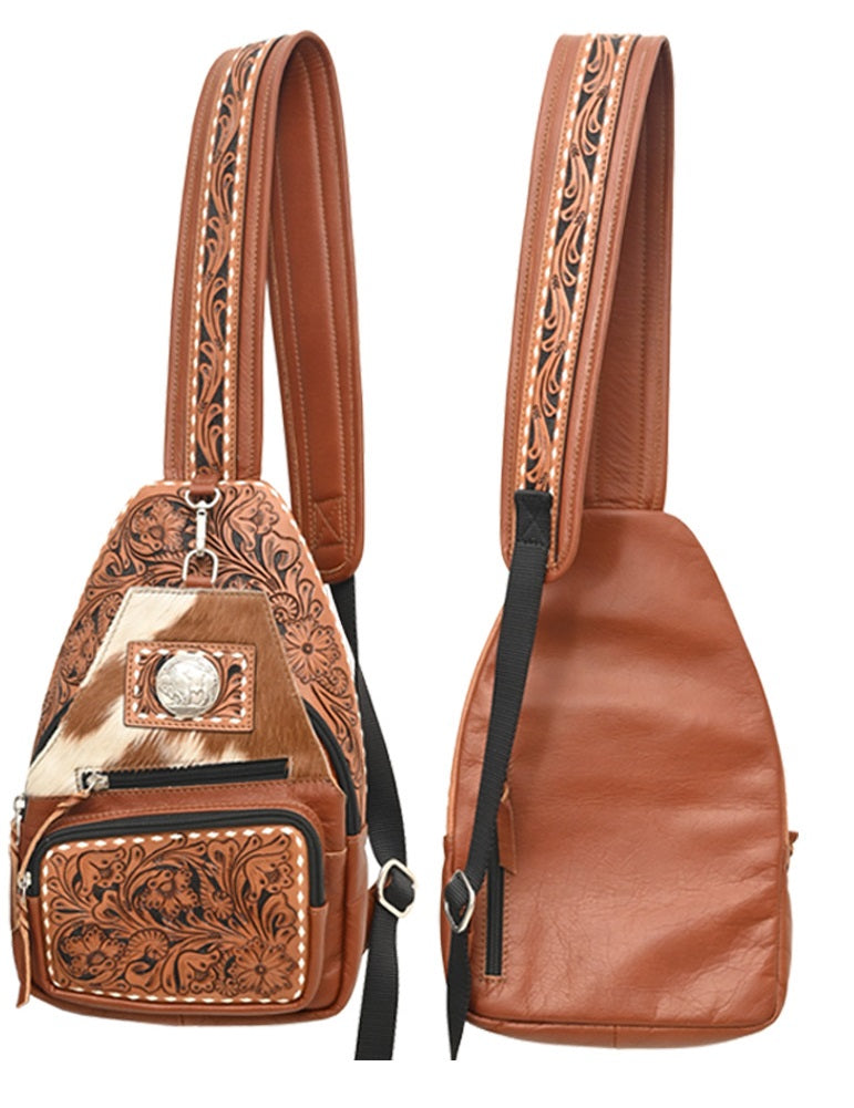 Sling Bag Tooled Leather and Cowhide - Golden