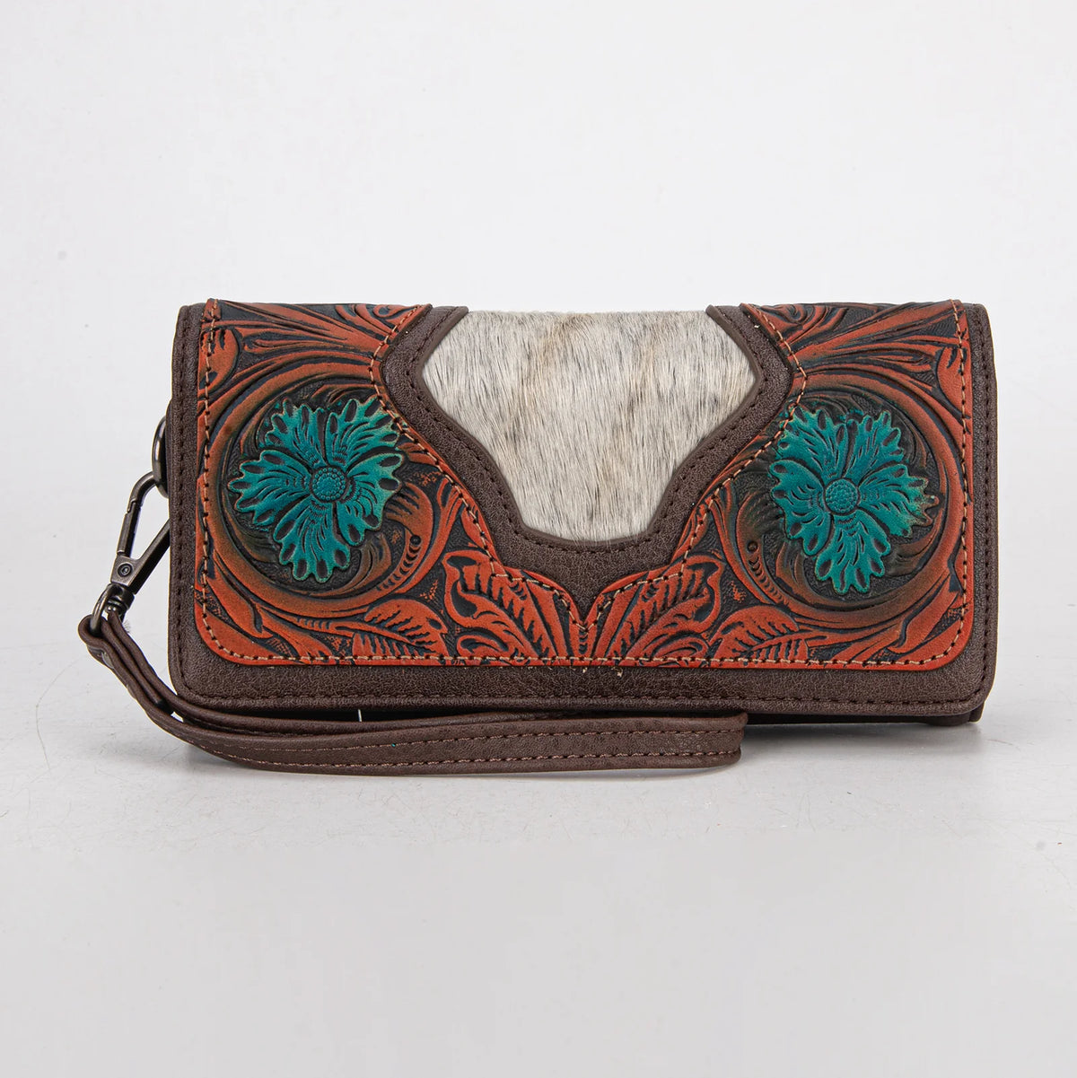 Porte Monnaie Insertion Poils de Vache Fleur Turquoise