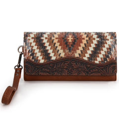 Porte Monnaie Tissu Aztèque et Bande Floral Antique - Brun
