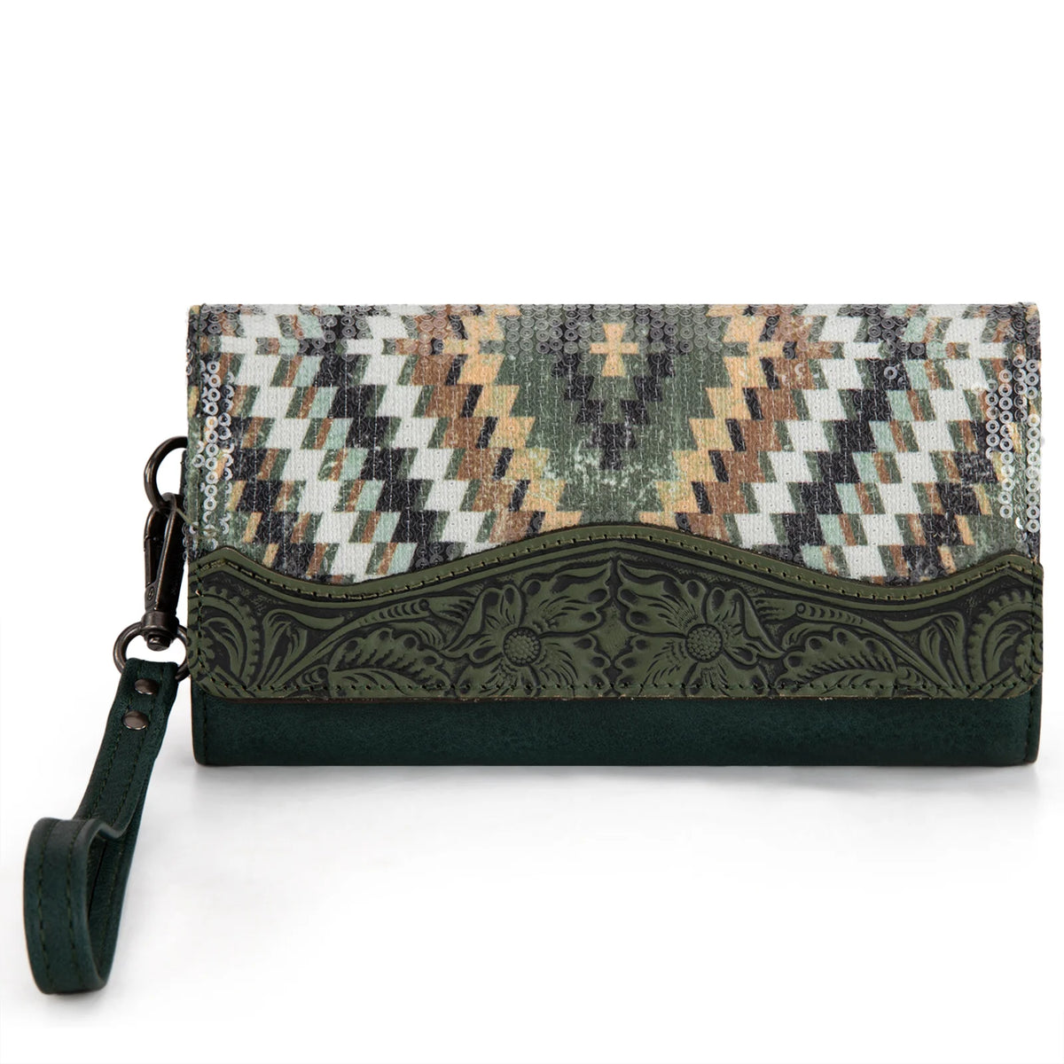 Porte Monnaie Tissu Aztèque et Bande Floral Antique - Olive
