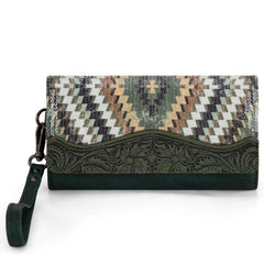 Porte Monnaie Tissu Aztèque et Bande Floral Antique - Olive