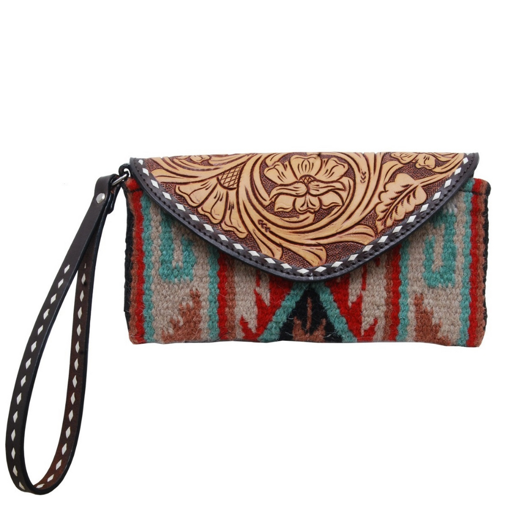 Wrislet Shoulder Strap Floral Tooled Leather with Wool