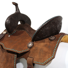 Load image into Gallery viewer, Barrel Roughout Saddle with Turquoise Buckstich - 14&quot;
