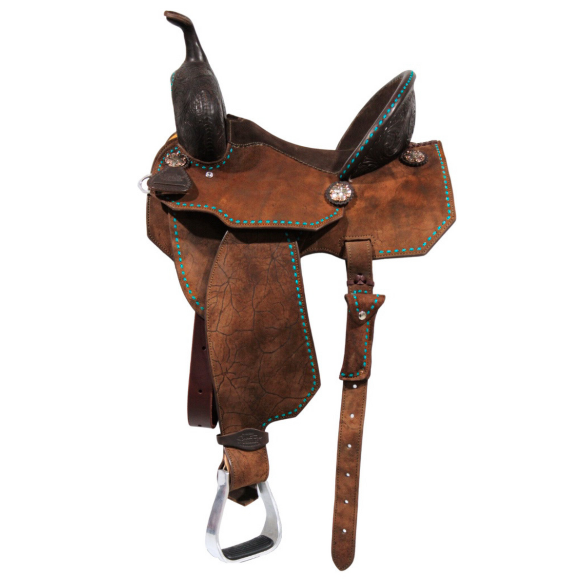 Selle de Baril en Cuir Renversé avec Buckstich Turquoise - 14"