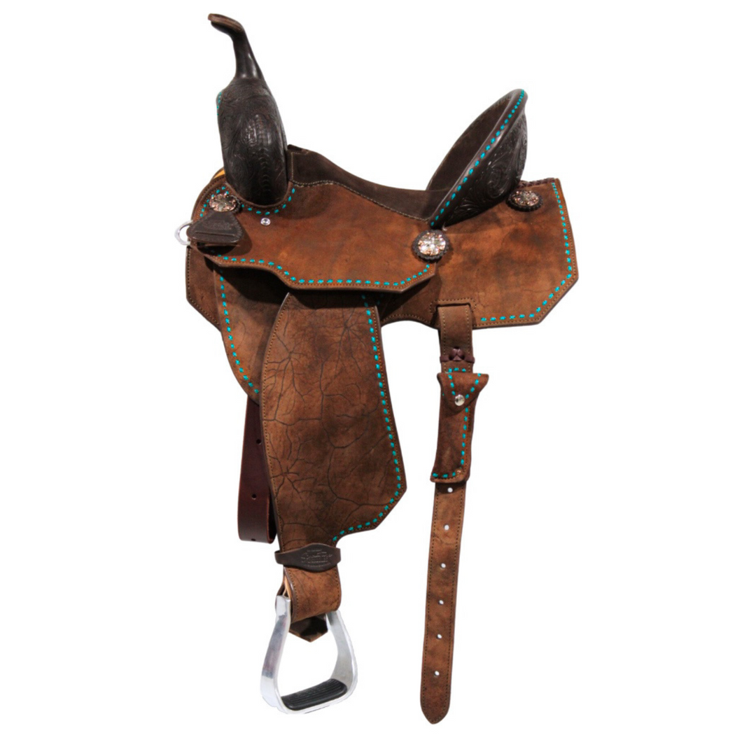 Barrel Roughout Saddle with Turquoise Buckstich - 14