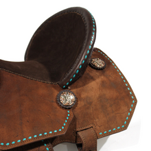 Load image into Gallery viewer, Barrel Roughout Saddle with Turquoise Buckstich - 14&quot;
