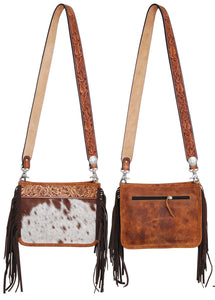 Cowhide Leather Tooled Crossbody Purse with Fringe