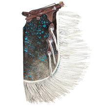 Load image into Gallery viewer, Turquoise Cowhide Chinks with Twisted Fringe
