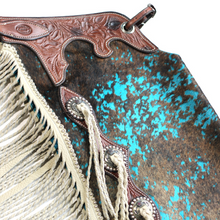Load image into Gallery viewer, Turquoise Cowhide Chinks with Twisted Fringe
