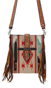 Crossbody Wooled Bag Tan/Red/Turquoise with Fringe