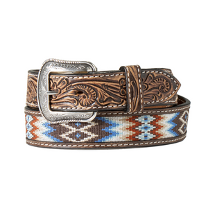 Mens Tooled Belt with Embroidered Inlay